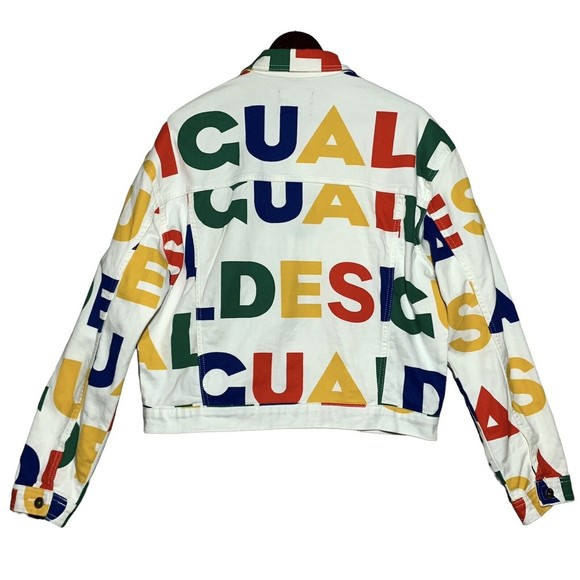 Desigual Multicolor Logo Print White Denim Jean Jacket L Graphic Button Front - Picture 2 of 16